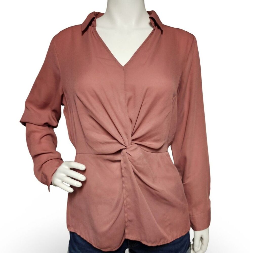 Apt. 9 Mauve Twist Front V-Neck Blouse Long Sleeve